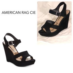 Black crossed open toe wedge